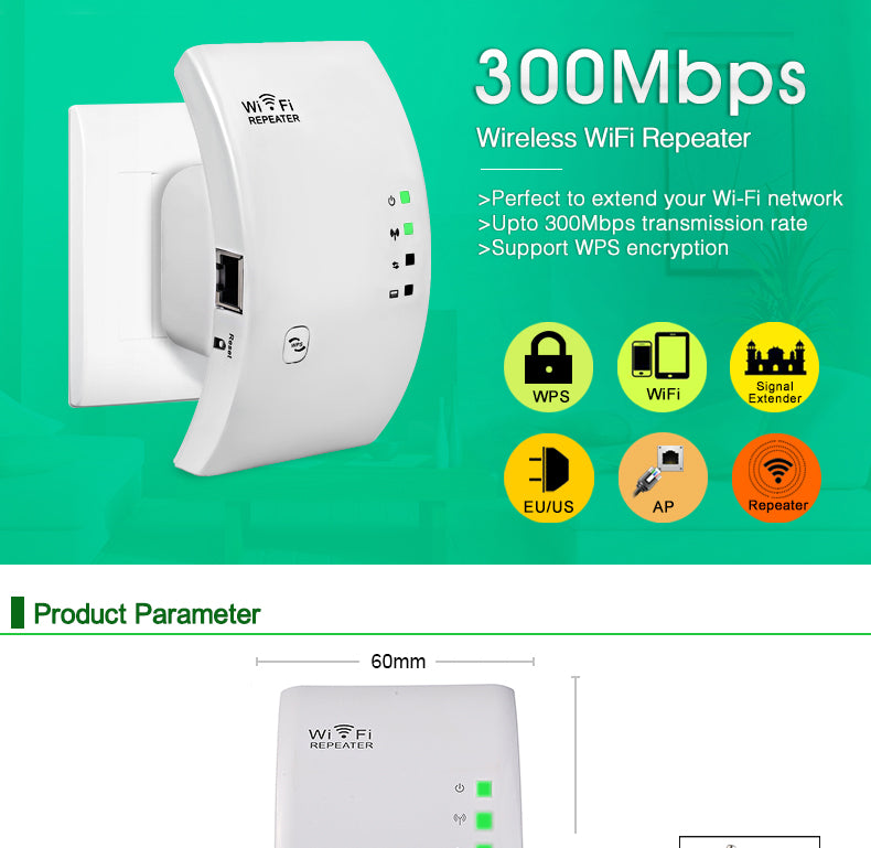 Répéteur WiFi 300Mbps 2,4GHz – Amplificateur de Signal, VPN, Prise EU