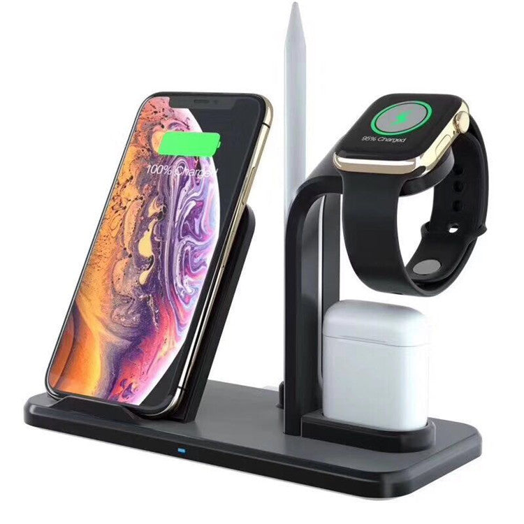 Black wireless charging station for smartphone, smartwatch, wireless earbuds, and stylus pen organizer