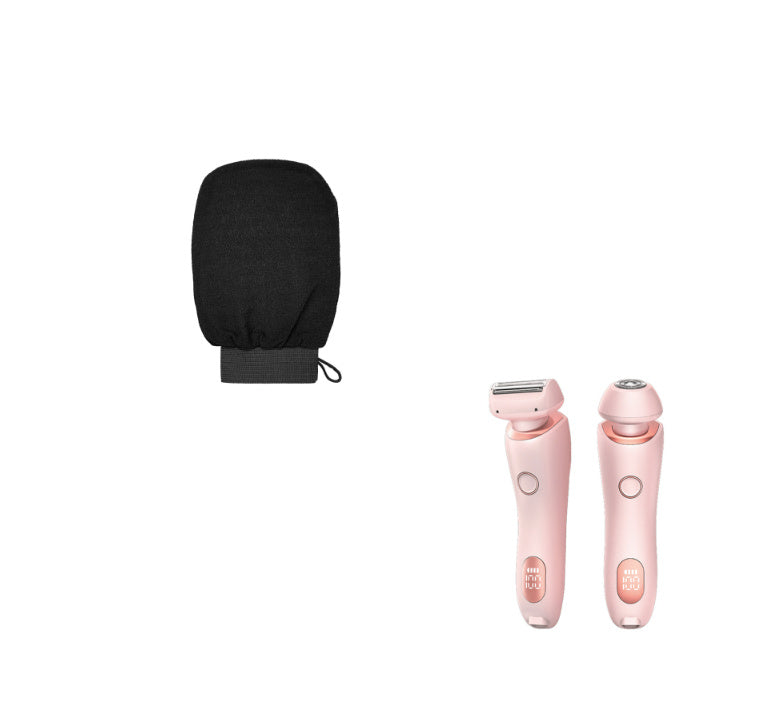 Black exfoliating glove and pink 2-in-1 rechargeable electric epilator and razor for women on white background
