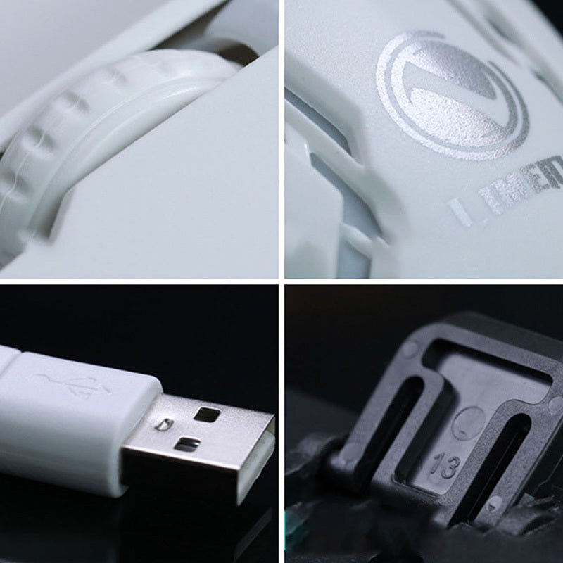 Close-up details of white gaming mouse scroll wheel, logo, USB connector, and black keycap underside on black background