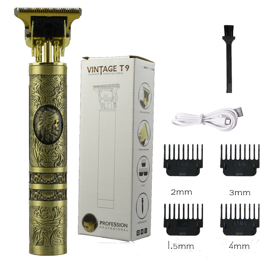 Vintage-style cordless rechargeable professional hair trimmer with gold engraved body, USB cable, cleaning brush, and four guard combs