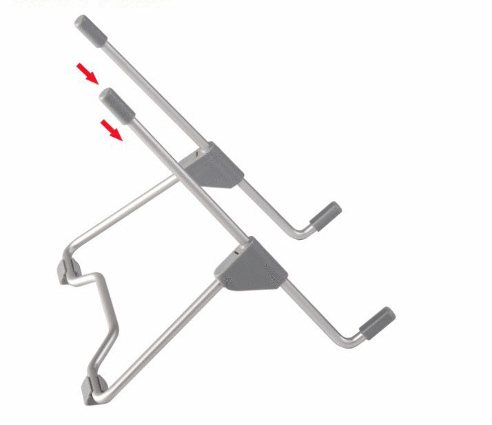 Adjustable metal laptop stand frame with rubberized ends and folding design for ergonomic desk setup