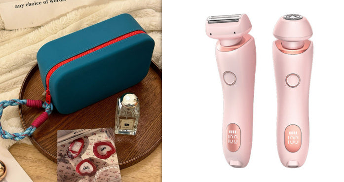 Pink USB rechargeable 2-in-1 electric epilator and shaver for women with digital display and detachable heads on white background