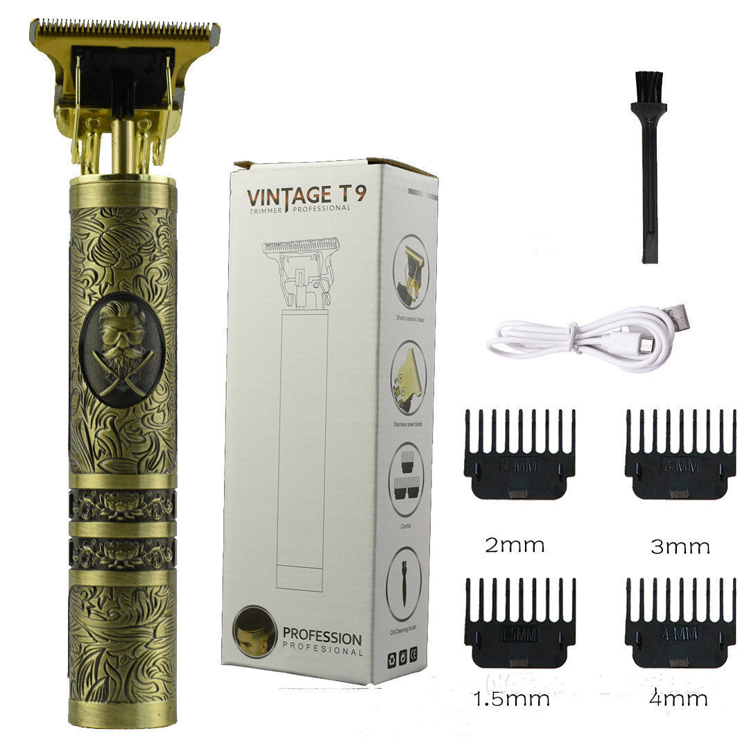 Antique brass-style cordless professional hair trimmer with USB charger, cleaning brush, and four cutting guard attachments