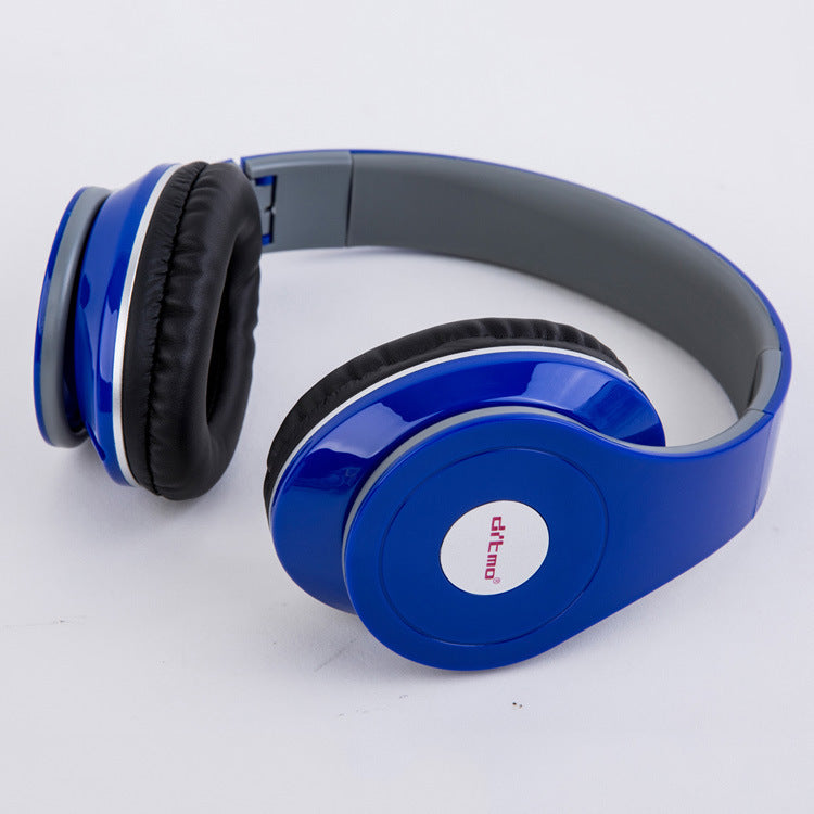 Blue wired over-ear gaming headphones with padded ear cushions and glossy finish on light gray background