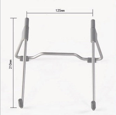 Adjustable silver metal laptop stand frame with rubber tips and product dimensions on white background