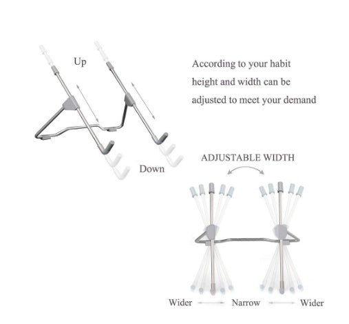 Metallic adjustable laptop stand showing height and width customization options with white protective tips on white background