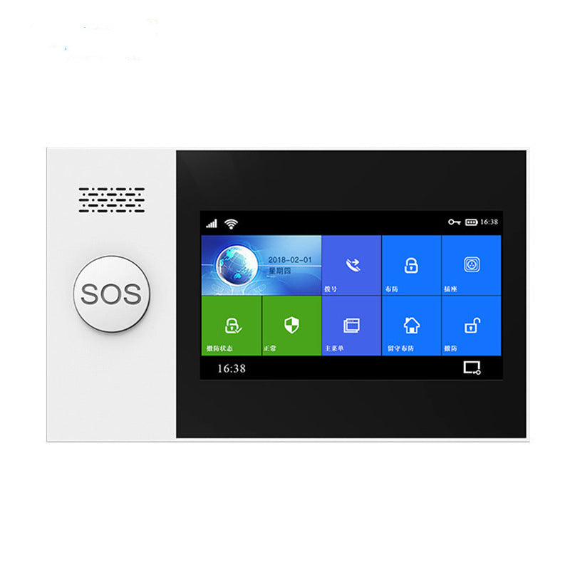 Home security GSM alarm system with color touchscreen, SOS button, and WiFi connectivity on white background