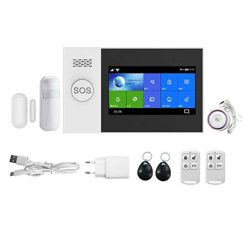 Home security GSM alarm system with color touchscreen, remote controls, sensors, charger, and USB cable on white background