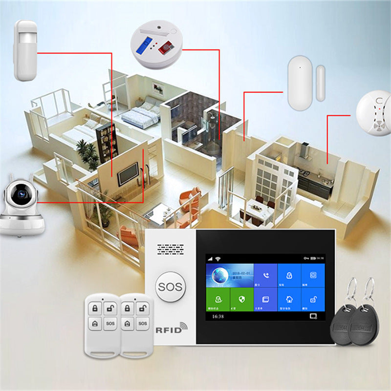Home security system with color touchscreen control panel, remote key fobs, sensors, and smart home layout illustration