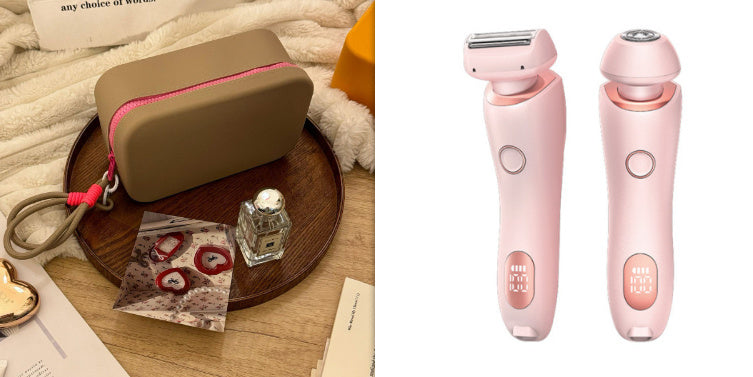 Pink rechargeable 2-in-1 USB electric hair removal device for women with detachable shaver and epilator heads on white background