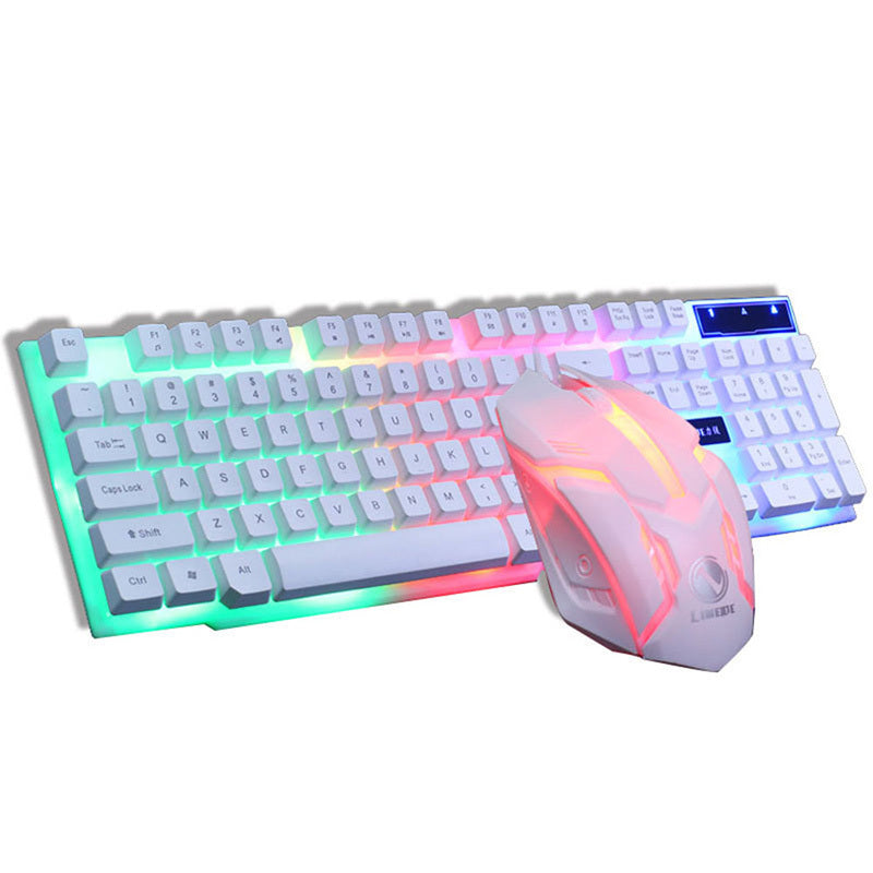 White wireless gaming keyboard and mouse set with multicolor RGB lighting on white background