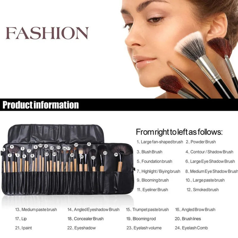 Set 24 Pinceaux Maquillage Professionnels – Pochette PU, Manche Bois, Fait Main