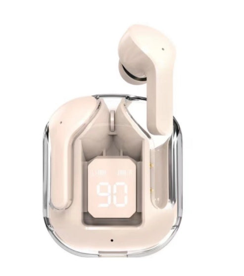 Beige wireless Bluetooth earbuds with digital LED battery display and noise-canceling charging case on white background