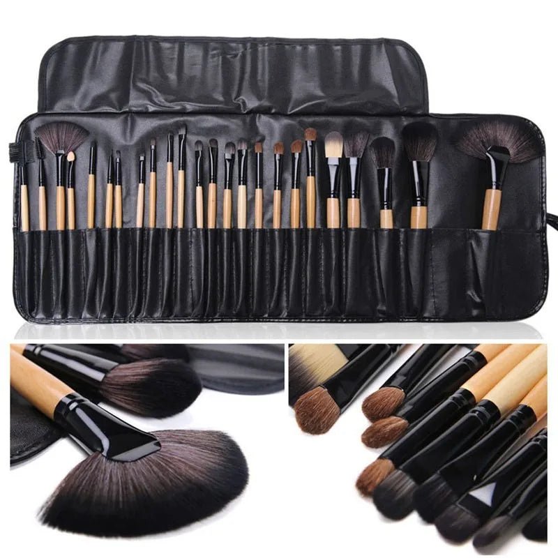Set 24 Pinceaux Maquillage Professionnels – Pochette PU, Manche Bois, Fait Main