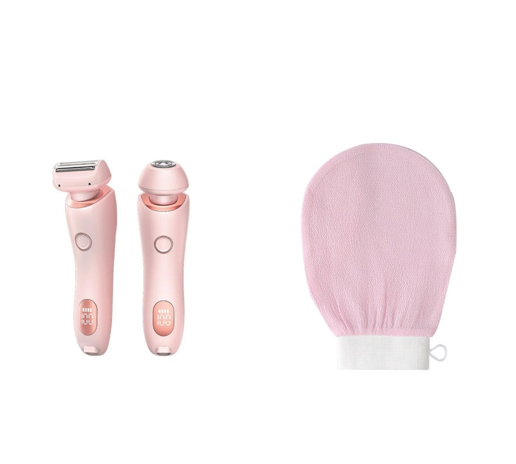 Pink 2-in-1 USB rechargeable electric epilator and shaver for women with digital controls and pink exfoliating glove on white background
